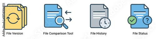 Set of four detailed file management icons representing document versioning, comparison tools, historical tracking, and current status for user interface and software applications