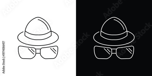 Simple Line Art Icons of a Hat and Sunglasses on White and Black Backgrounds