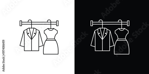 Foto Line art icon of a women's professional jacket and a stylish dress on hangers, s