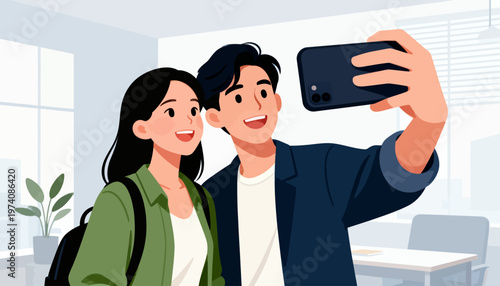 Young couple smiles, capturing a moment together. One holds a phone, snapping a selfie. They stand in a bright, modern room. Natural light streams through large windows