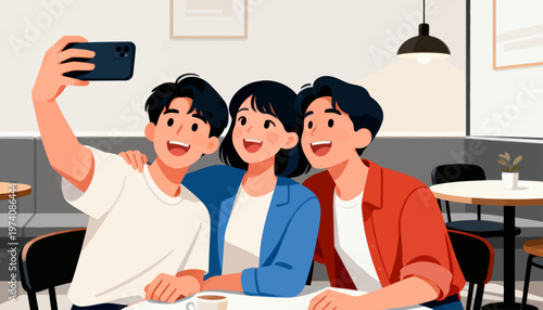 Three friends smile while taking a selfie together. They sit at a cozy cafe table, enjoying each other's company. One holds a phone high to capture the moment