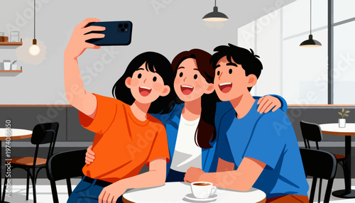 Three friends smile as they take a selfie in a cozy cafe. One holds a phone, capturing joyful moments together. Their laughter echoes in the warm, sunlit space