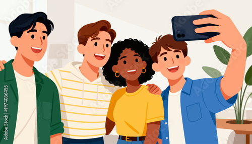 Four friends smile for a selfie together. They stand close, arms around each other. Bright room and green plant complete the scene. Joyful, carefree, and united moment captured