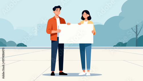 Two people hold a blank sign together, standing side by side. They face forward, appearing ready to announce or promote something. Their calm expressions suggest collaboration or shared purpose