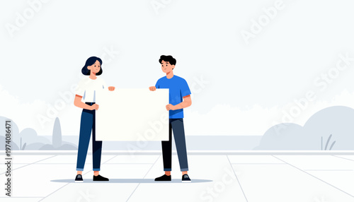 Two people hold a blank sign together. They stand on a clean, minimalist surface. The background is soft and abstract. Their posture shows teamwork and shared purpose