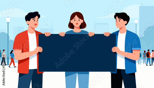 Three people hold a large dark banner together. They stand outdoors with a cityscape behind them. Each person smiles, showing teamwork and enthusiasm. The banner is blank. Ideal for campaigns, events