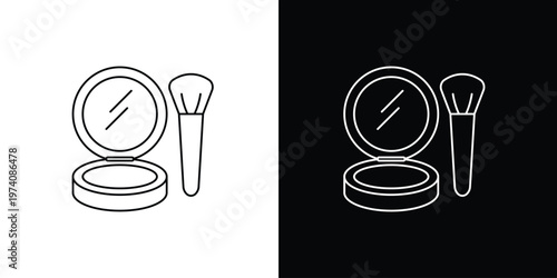Cosmetic compact mirror and makeup brush outline icon illustration on white and black backgrounds