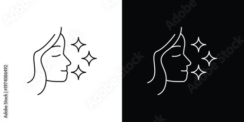 Elegant line art icon illustration of a woman's serene face with sparkling glow, representing beauty, freshness, and healthy skincare ritual