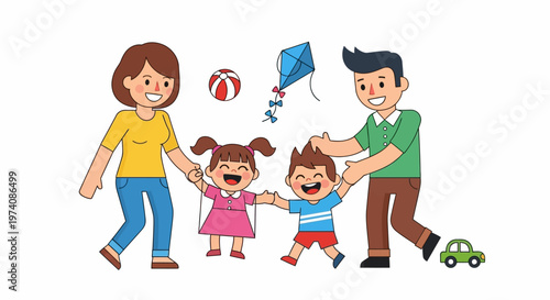 Joyful family illustration Parents and children having fun, playing with colorful toys together
