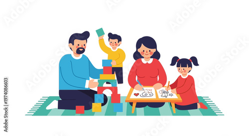 Family enjoying quality time together, building blocks and drawing