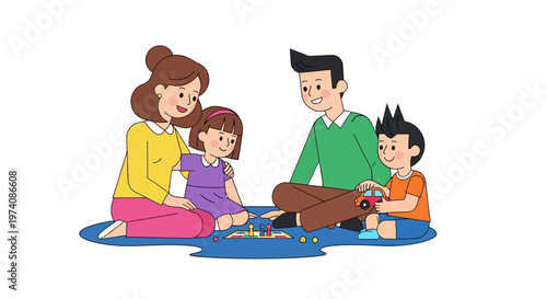 Joyful family moments Parents and two children sharing a happy playtime experience at home, engaging with toys and building cherished memories together