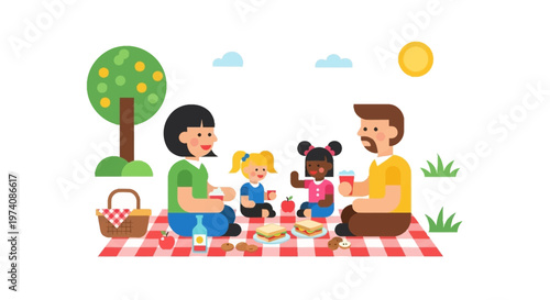 Vibrant flat illustration of a happy family picnic scene, parents and two daughters enjoying food and quality time outdoors under the warm sun