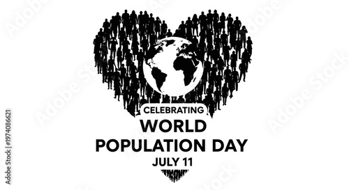 World Population Day heart shape made of people silhouettes and globe icon.