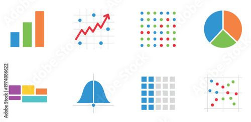 Comprehensive collection of diverse statistical charts and graphs like bar, line, pie, and scatter plots, ideal for presenting business data analysis, financial reports, and data