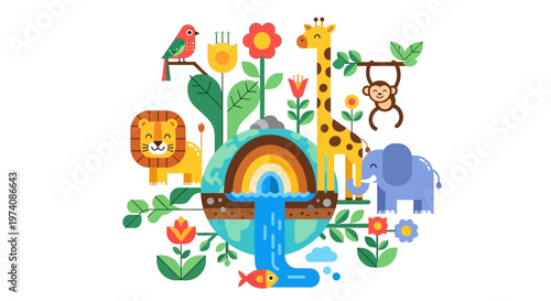 A vibrant and diverse illustration of a lush ecosystem teeming with exotic animals, plants, and natural elements, showcasing a harmonious blend of wildlife and flora