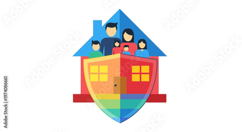 Vector illustration symbolizing comprehensive family and home protection, showcasing a happy household safeguarded by a vibrant security shield against potential risks