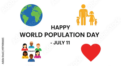 Happy World Population Day conceptual design with globe and people icons.