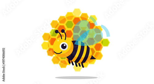 Cute cartoon bee flying around a honeycomb with transparent hexagonal cells and a subtle shadow beneath