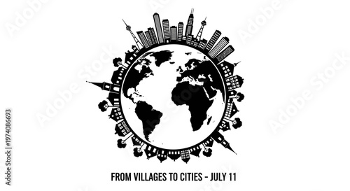 World globe surrounded by silhouettes of urban buildings and village houses.