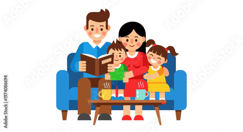 Happy family enjoying a cozy evening at home, parents reading a bedtime story to their children on the couch, fostering love and connection
