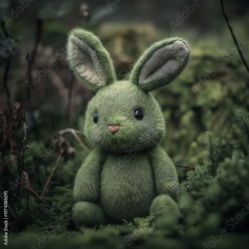 Eco-Friendly Handmade Plush Toy Rabbit in Whimsical Forest Green Nature Scene