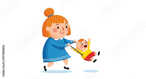 A happy mother in a blue dress joyfully swinging her son, who is wearing a red shirt, by his hands on a white background, illustrating a playful family moment