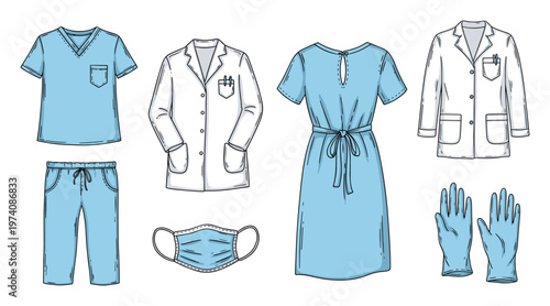 Comprehensive collection of medical uniforms and protective gear, including doctor and nurse scrubs, lab coats, patient gown, and essential accessories for healthcare settings