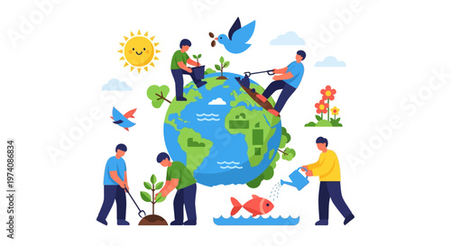 Collective Effort for a Greener World People planting trees and nurturing nature, symbolizing global sustainability and ecological harmony
