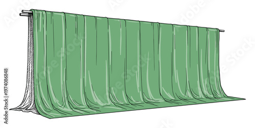 Flowing green fabric draped over a horizontal rod with soft vertical folds extending to the floor, perfect for conceptual decor and textile presentations