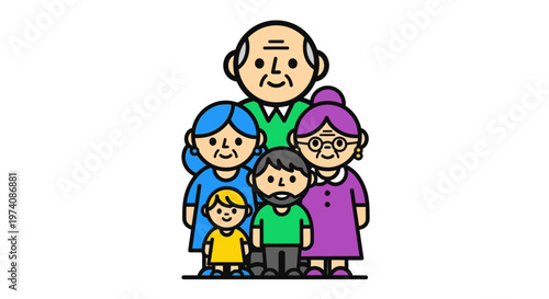 Cheerful multi-generational family portrait in a charming cartoon style, symbolizing togetherness and support across ages