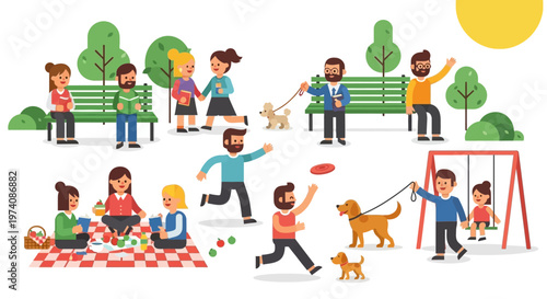 Families and friends enjoying a sunny day at the park with picnics, games, and pets