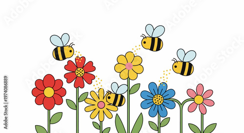 Vibrant cartoon bees actively pollinating a lively meadow of diverse blooming flowers, a cheerful illustration of nature's essential ecological process