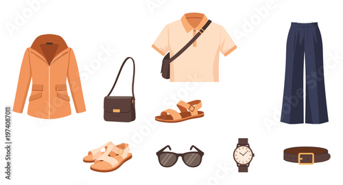 Curated collection of casual apparel and accessories including jacket, polo shirt, pants, sandals, shoulder bag, sunglasses, and watch perfect for fashion showcases and online retail