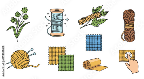 Natural fibers and textile production process from raw plant to finished fabric, yarn, and craft materials for sustainable manufacturing and handicraft projects