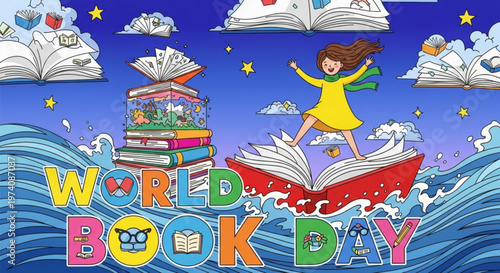 Happy girl jumping on giant open book under starry night sky