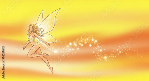 Golden fairy flying through shimmering light trails and sparkles