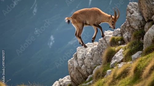 Goat Leaping Along Rocky Cliffside in Scenic Mountain Landscape