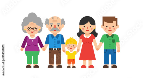 Happy multi-generational family holding hands, illustrating togetherness and strong family bonds. Flat vector illustration of various generations