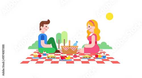 Couple Enjoying a Romantic Picnic in a Sunny Park Setting with Food and Drinks