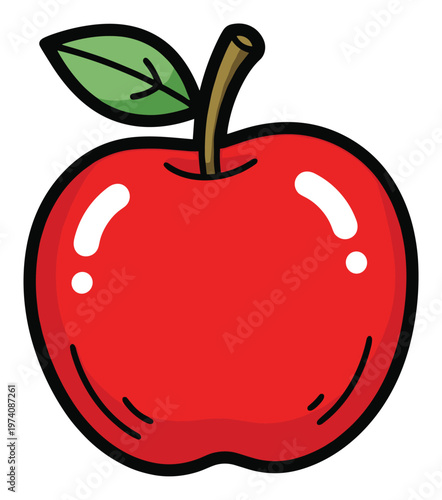 Vibrant red apple with a fresh green leaf and a natural brown stem, perfect for food related projects, healthy eating promotions, educational materials, or a simple fruit graphic.