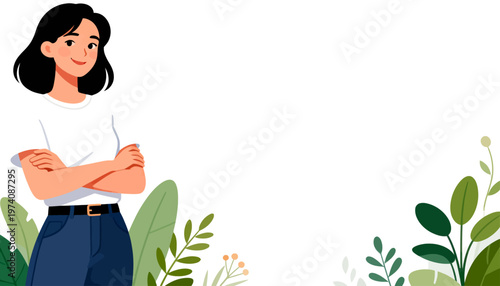 Woman smiles confidently, arms crossed. Green leaves frame her gently on either side. Her posture suggests calm assurance and self-reliance. Ideal for wellness, eco-friendly, or personal growth themes