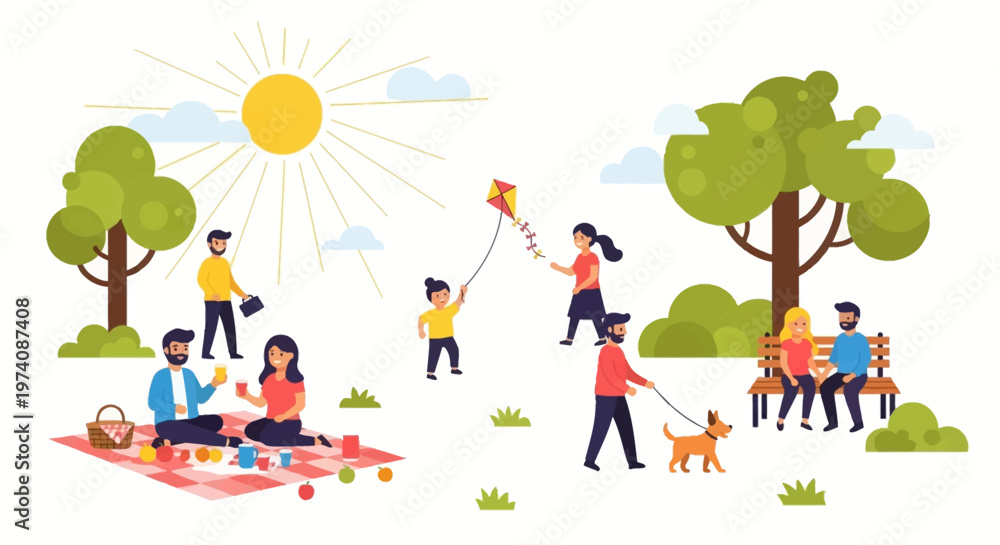 Naklejka premium People Enjoying Leisure Activities Outdoors in a Sunny Public Park, Engaging in Picnics, Kite Flying, and Dog Walking on a Relaxing Day
