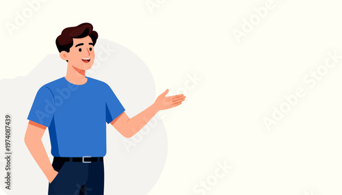 Cartoon man gestures warmly with open hand. Blue shirt and dark pants complete his look. Smiling face suggests friendly, welcoming tone. Ideal for presentations, marketing, or instructional visuals