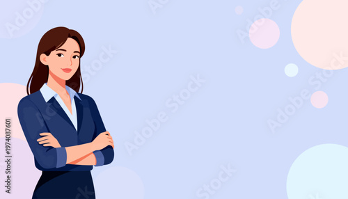 Confident woman stands with crossed arms. Soft pastel tones frame her poised stance. She wears a professional blazer with calm assurance. Light bokeh circles add a gentle, modern touch
