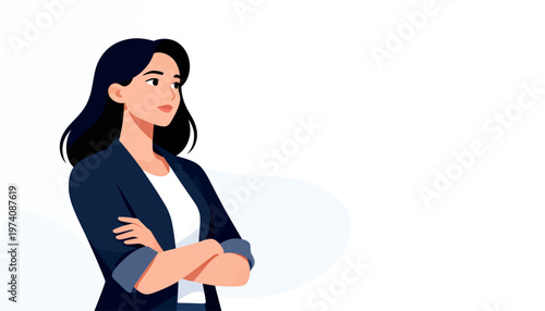 Confident woman stands with crossed arms. Dark hair flows gently around her shoulders. She wears a dark blazer and a white shirt. Her expression shows calm assurance and focus