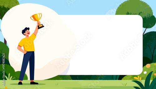 Man holds trophy, celebrating victory outdoors. Bright yellow shirt, dark trousers, black shoes. Lush green trees, grass, flowers, blue sky. Joyful expression, triumphant pose, raised arm