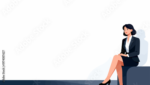 Businesswoman sits calmly, poised and confident. She wears a sharp suit, black heels, and smiles gently. Her posture suggests readiness and self-assuredness. Ideal for presentations, corporate imagery