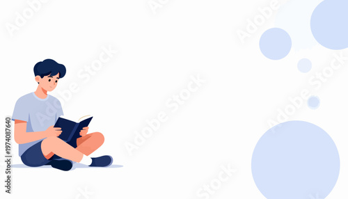 Young man sits cross-legged, absorbed in a book. Soft pastel tones create calm, peaceful atmosphere. Blue circles float around, adding whimsical charm. Ideal for educational, study