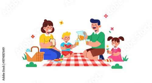 Happy Family Enjoying a Picnic Together on a Sunny Day, Sharing Food and Drinks in an Outdoor Setting