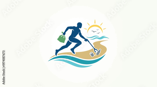Beach Cleanup Logo with Figure Collecting Trash